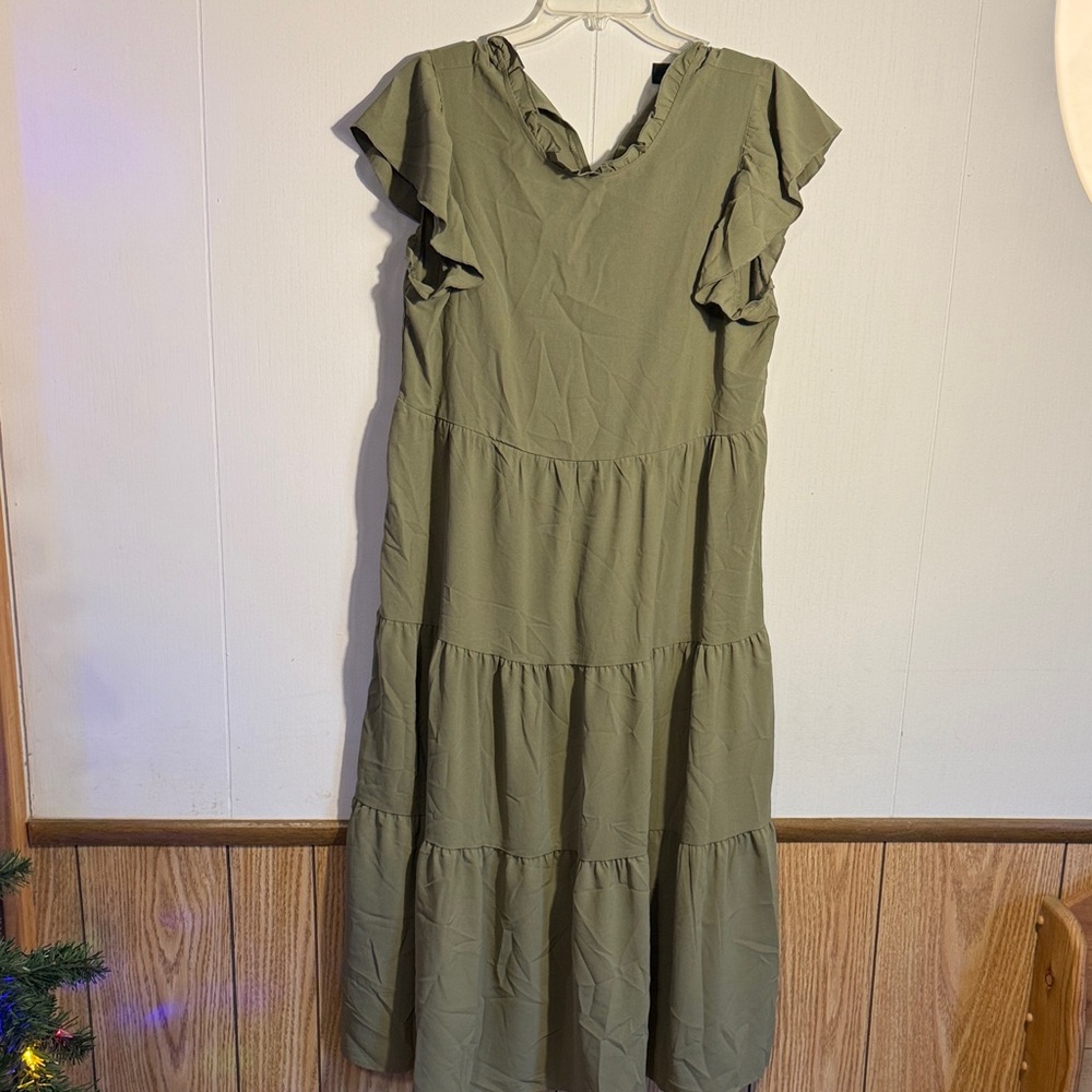 Elegant Olive Green Ruffle Sleeve Dress